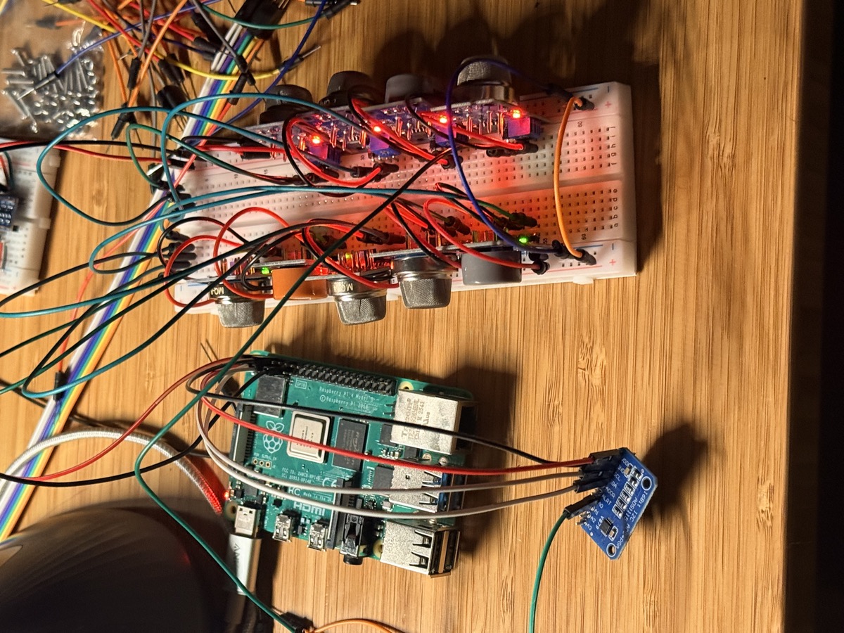 Raspberry Pi 4 connected to breadboard with heated gas sensors glowing