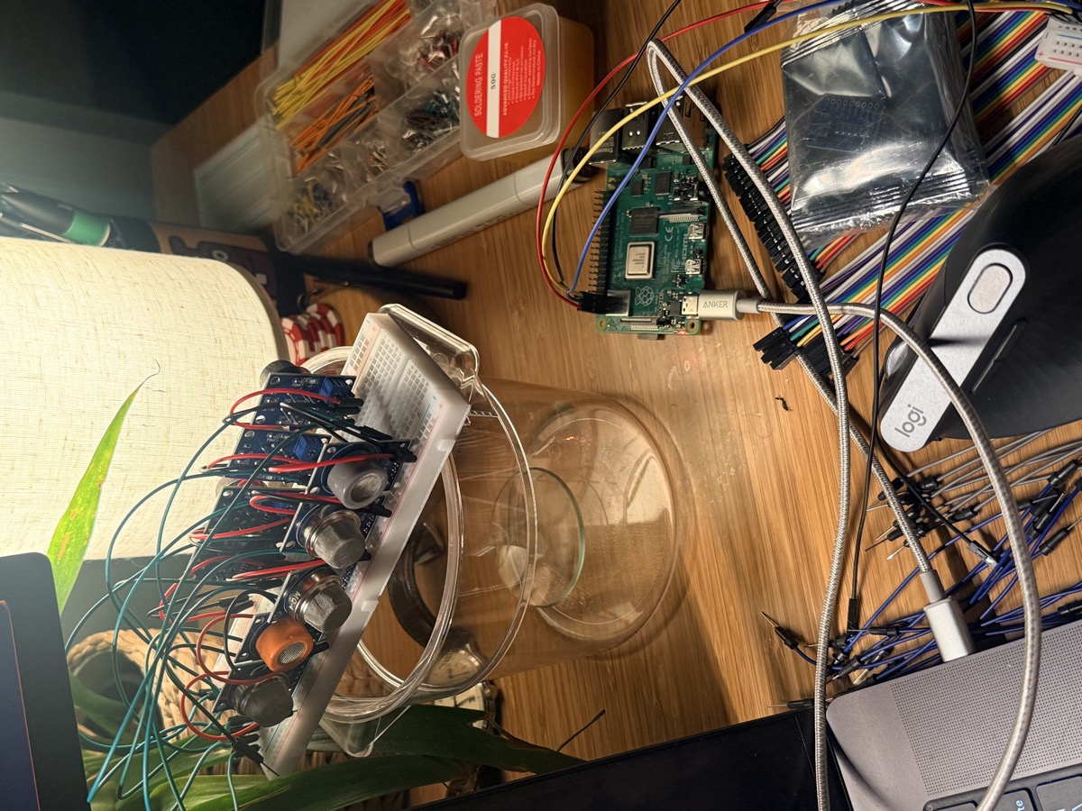 Sensor array prototype with MQ gas sensors wired to a breadboard and glass sampling chamber